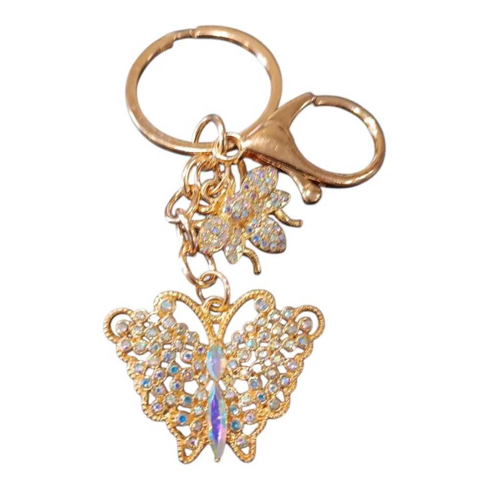 Iridescent Rhinestone Butterfly Bumblebee Gold Tone Keychain Purse Charm